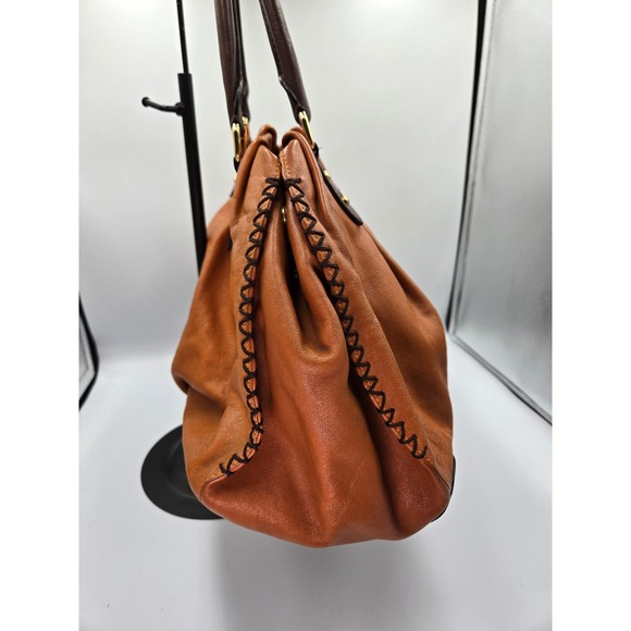 MCM Leather Satchel Handbag Purse Cognac Brown Top Handle Designer Bag - Picture 8 of 16